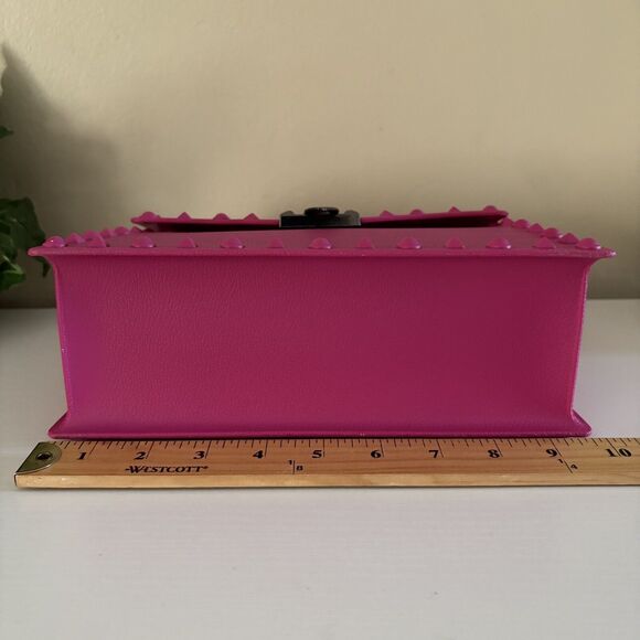 Hot Pink Handbag Spiky Studded Over Flap Top Handle Purse Bold Shoulder Strap - Picture 4 of 9